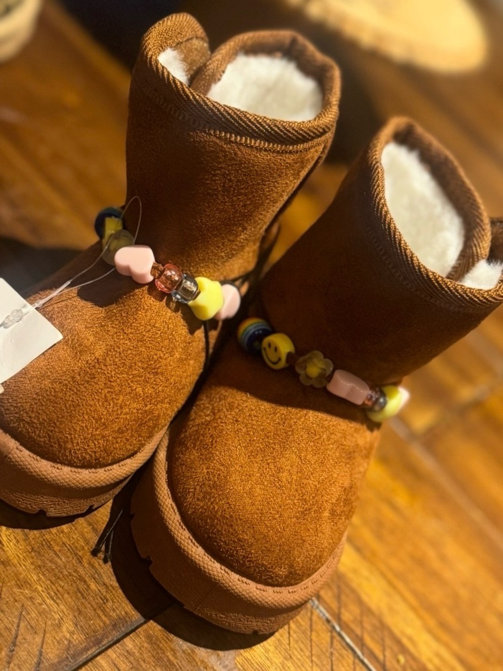 Sugar Kids Brown Suede-Look Boots with Colorful Bead Charm